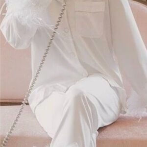 Elegant White Feather Trim Pajama Set